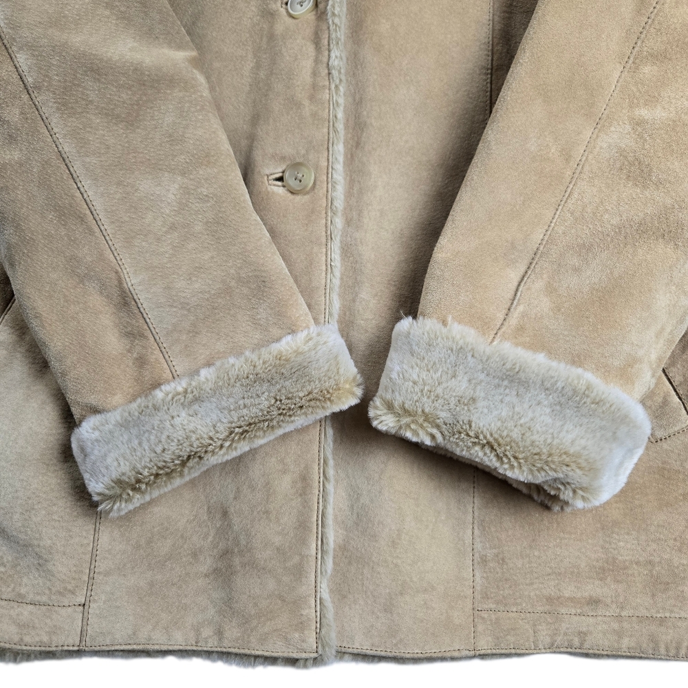 Eddie Bauer Genuine Leather Tan Jacket Button Front Y2K Faux Shearling Lined XL - Picture 7 of 15